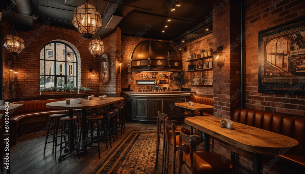 Modern luxury bar inside rustic building features elegant wood design generated by AI