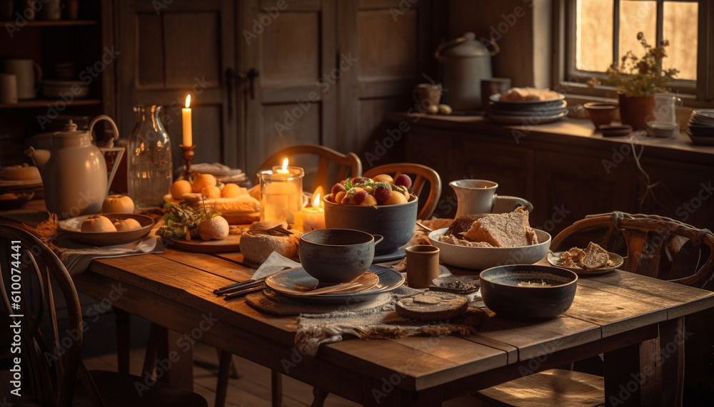 Rustic homemade meal on wooden table with autumn pumpkin decoration generated by AI