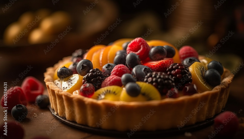 Indulgent homemade berry tart with fresh blueberries and raspberries generated by AI