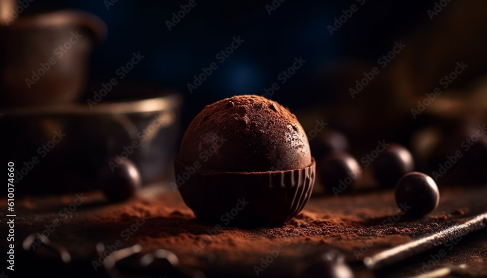 Dark chocolate truffle on wooden bowl, indulgent gourmet dessert generated by AI