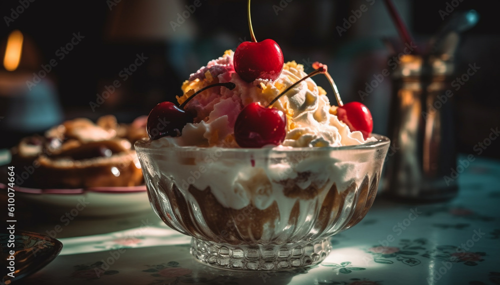 Indulgent homemade ice cream sundae with whipped cream and berries generated by AI