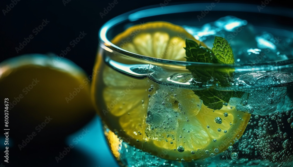 Refreshing summer cocktail with lemon, lime, and mint leaf garnish generated by AI