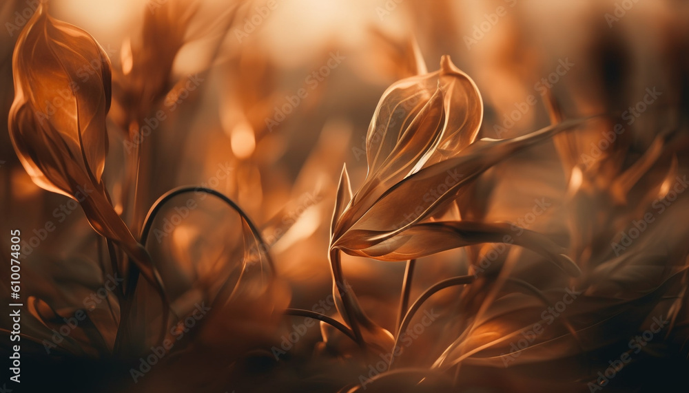 Vibrant yellow leaf in defocused meadow, backlit by sunset generated by AI