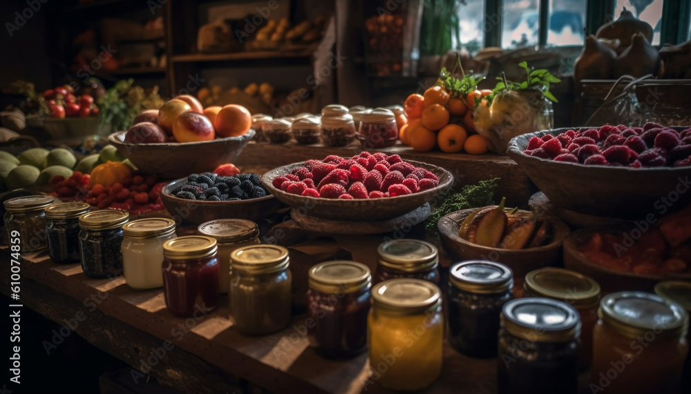 Rustic bowl of organic berry fruit collection for healthy eating generated by AI