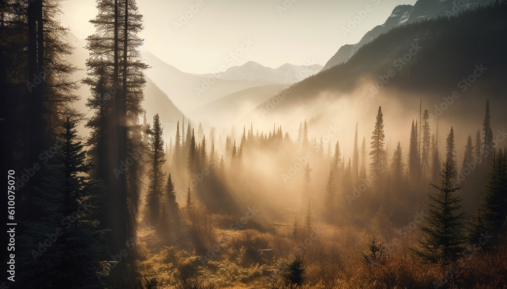 Majestic mountain range, tranquil scene, back lit by sunrise generated by AI