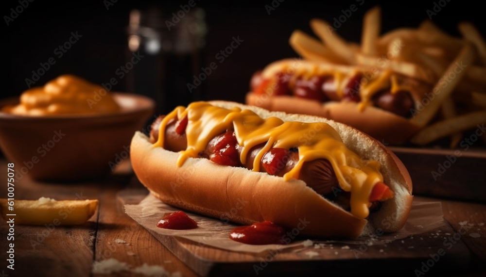 Grilled beef and hot dog meal with ketchup on bun generated by AI