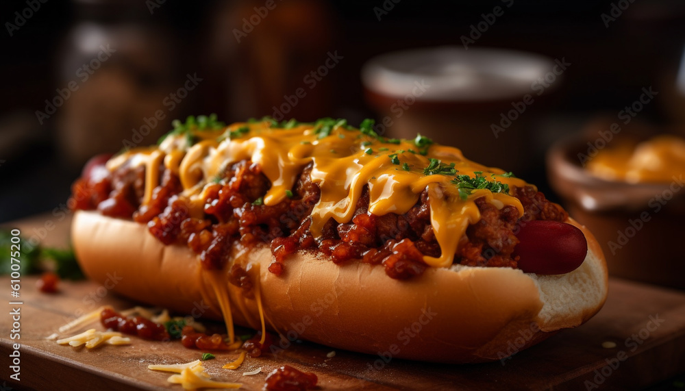 Grilled beef hot dog with homemade ketchup and rustic bun generated by AI