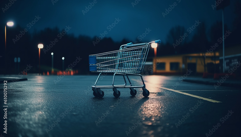 Empty shopping cart speeds through wet city streets at dusk generated by AI