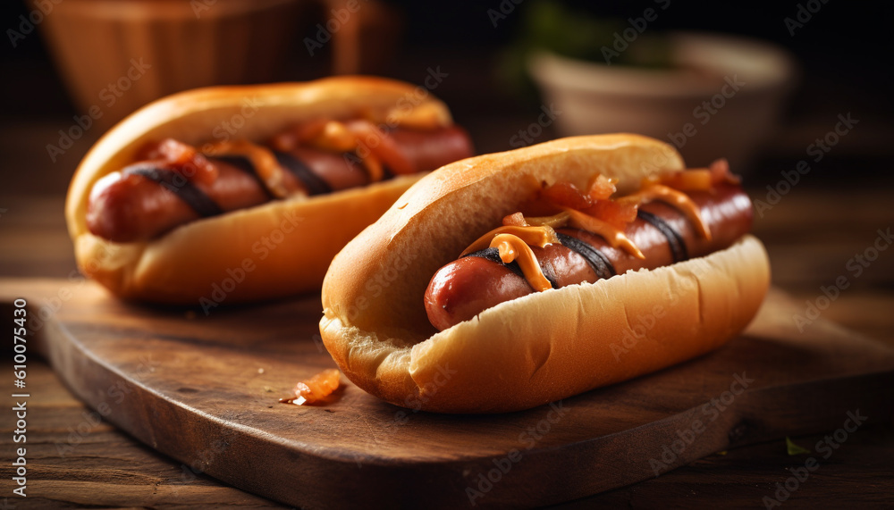 Grilled hot dog on rustic wood table with ketchup and onion generated by AI