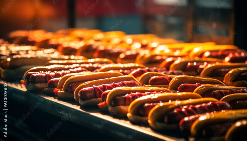 Grilled beef hot dog, sweet candy, baked pastry item indulgence generated by AI