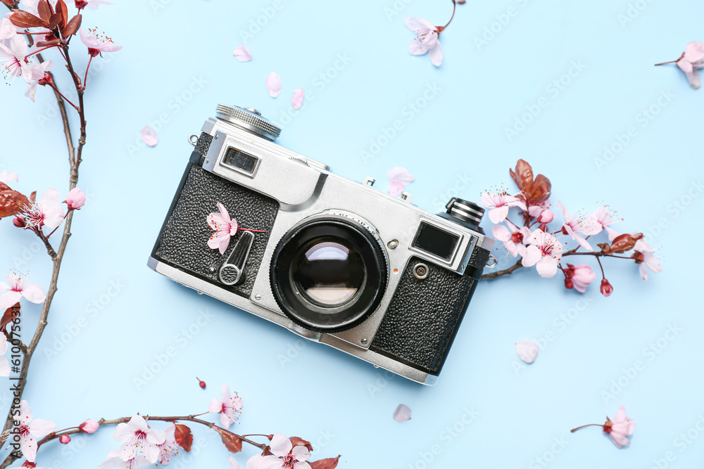 Blooming tree branches with pink flowers and photo camera on blue background