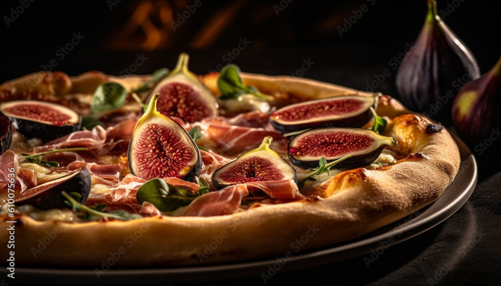 Freshly baked gourmet pizza with prosciutto, fig, and mozzarella slice generated by AI