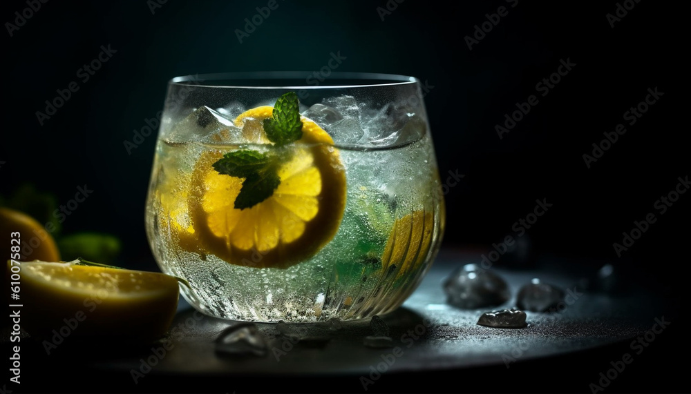 Refreshing summer cocktail with citrus fruit and mint leaf garnish generated by AI