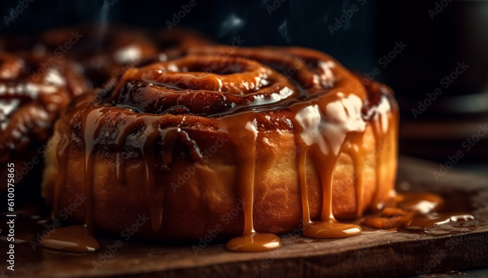 Indulgent homemade chocolate pastry with caramel and marshmallow stack generated by AI