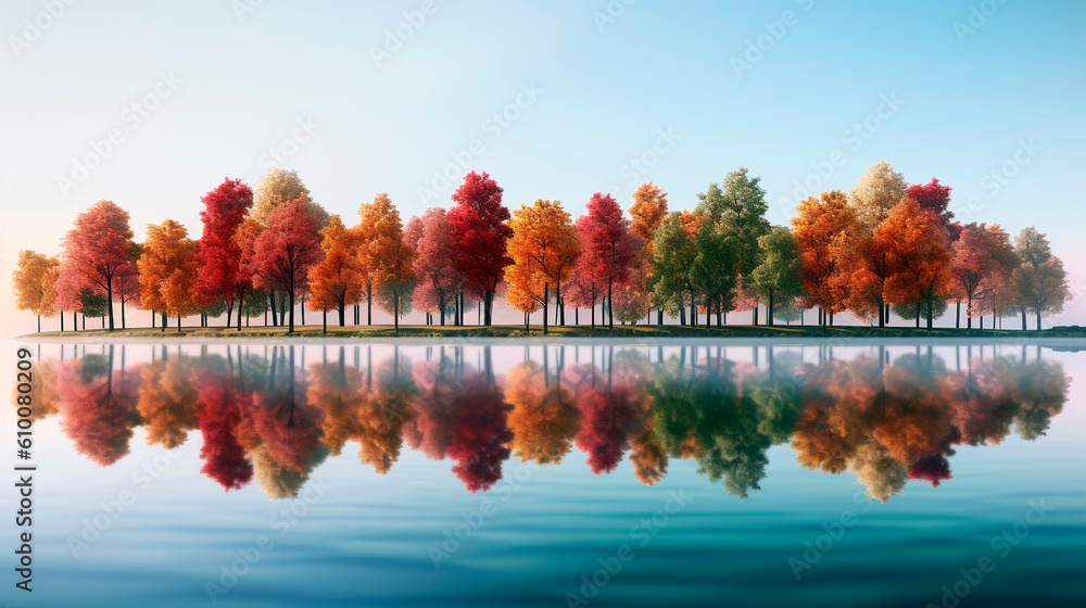 Colorful foliage tree reflections in calm pond water on a beautiful autumn day. Generative ai edited