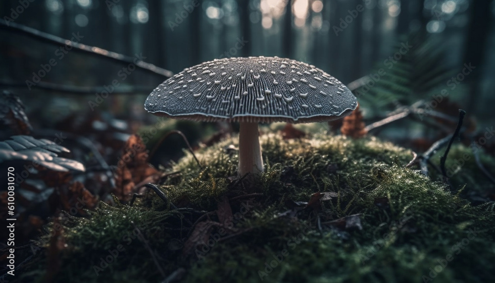 Spotted toadstool growth on wet forest leaf, macro close up generated by AI