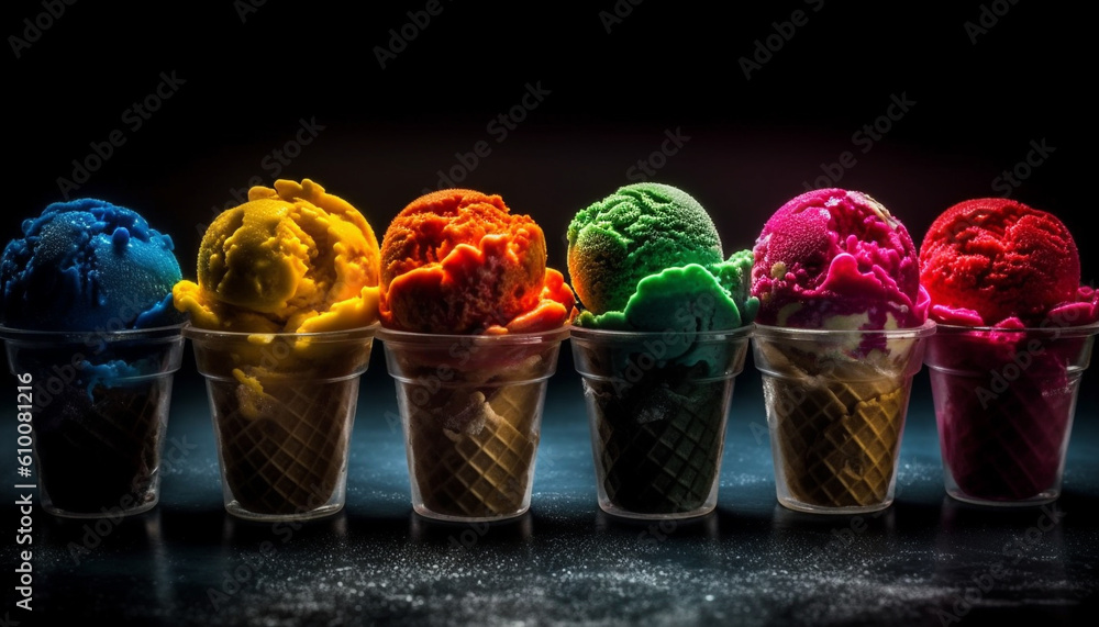 Multi colored ice cream cone with raspberry, blueberry, and strawberry flavors generated by AI