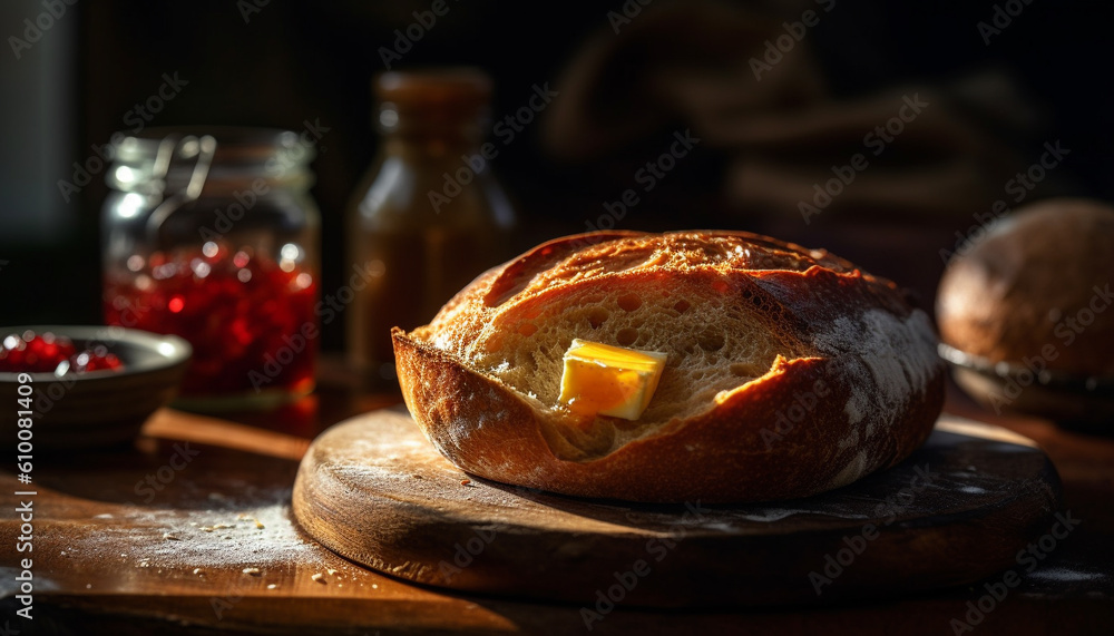 Rustic ciabatta on wooden table, a fresh homemade meal generated by AI