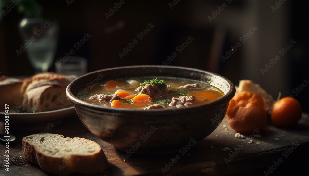 Fresh homemade vegetable stew with organic meat and rustic bread generated by AI