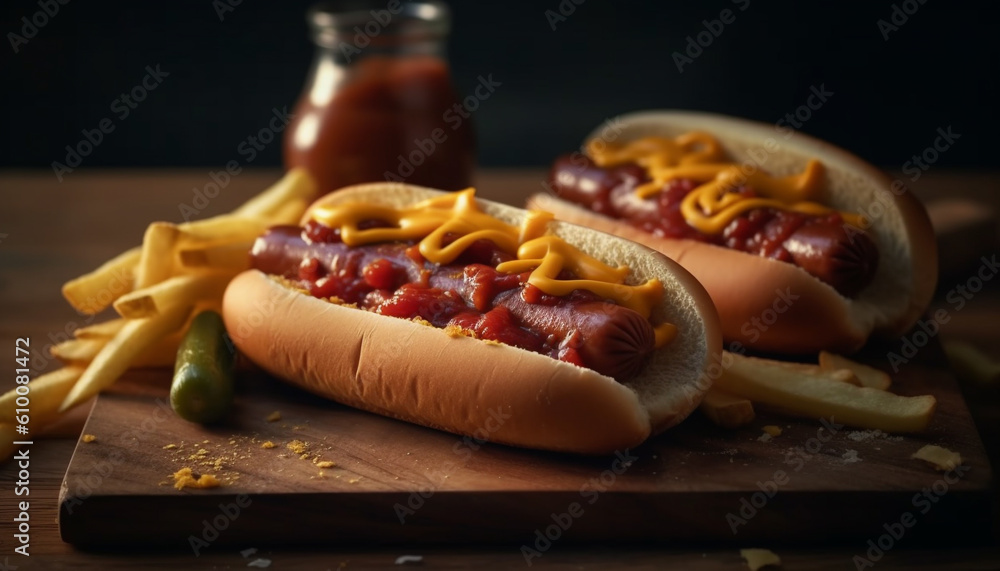 Grilled beef hot dog meal with French fries and ketchup generated by AI