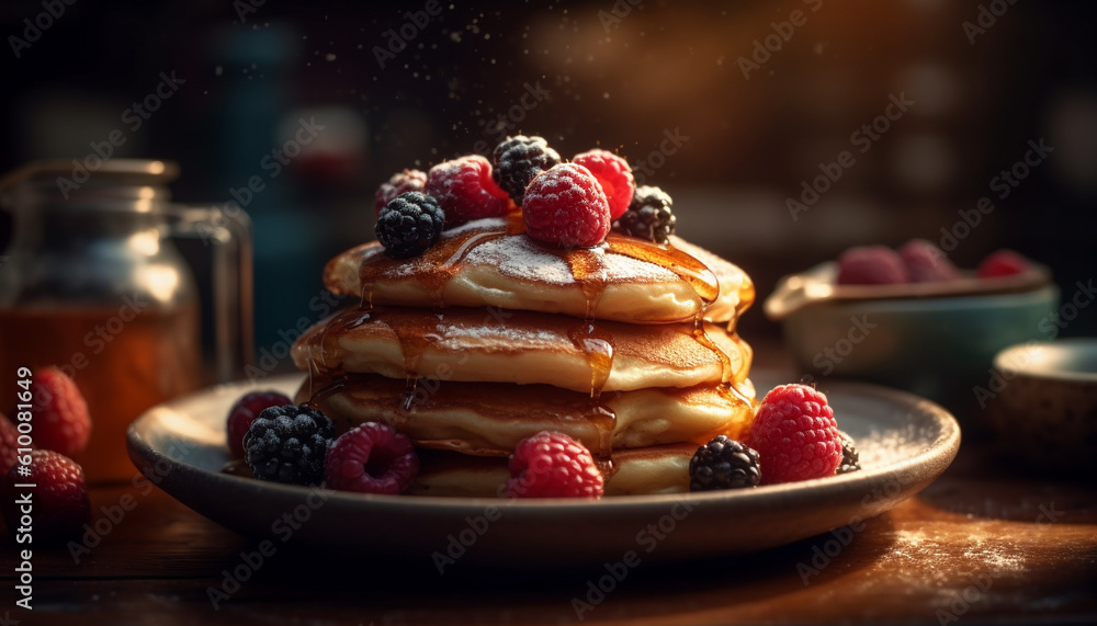 Fresh homemade berry pancakes with raspberry syrup on rustic wood table generated by AI