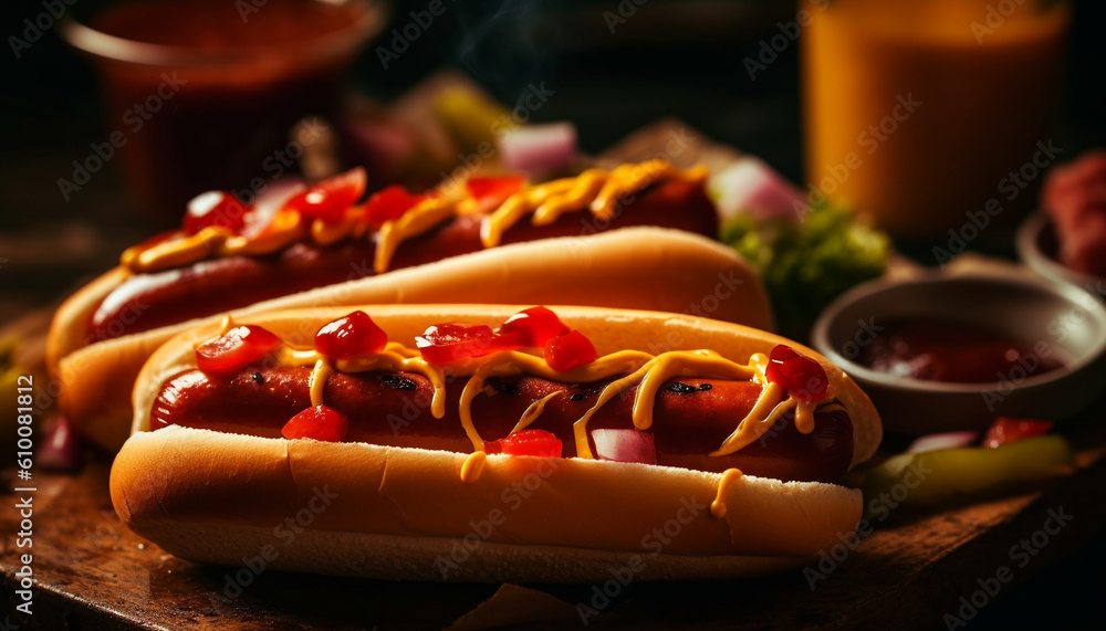 Grilled beef hot dog on bun with ketchup and onion generated by AI