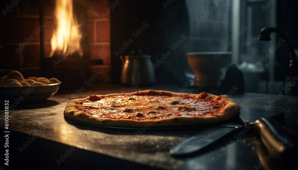 Freshly baked rustic pizza with mozzarella, tomato, and salami slices generated by AI