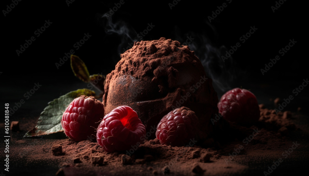 Dark chocolate truffle ball with raspberry cream and coconut sphere generated by AI