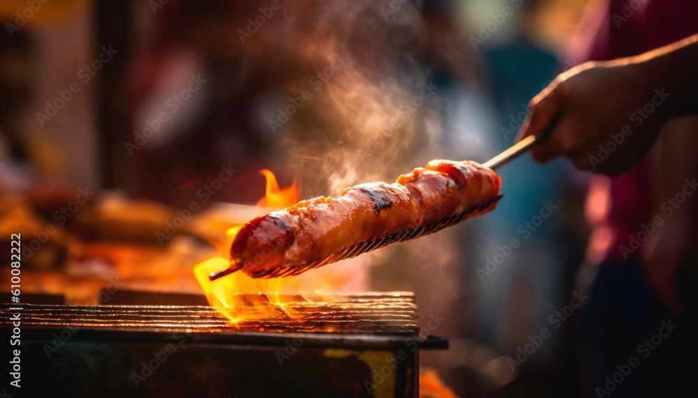 Grilled meat skewer on a plate, cooked over campfire wood generated by AI