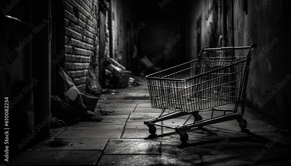 Abandoned old fashioned retail store with rusty metal cart and equipment generated by AI