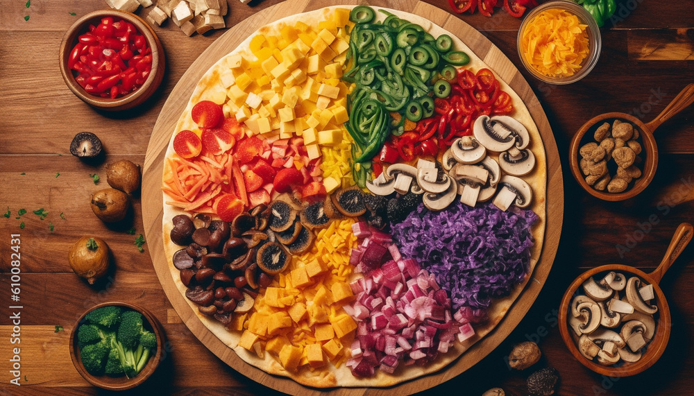 Rustic gourmet meal on wooden table with fresh ingredients and meat generated by AI