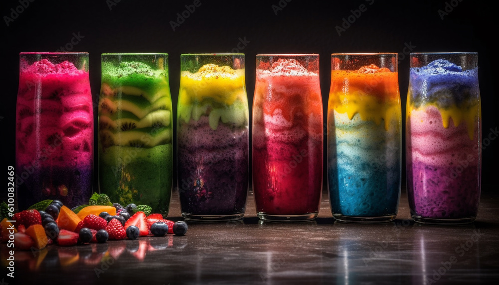 A rainbow of vibrant colors in a fresh fruit cocktail generated by AI