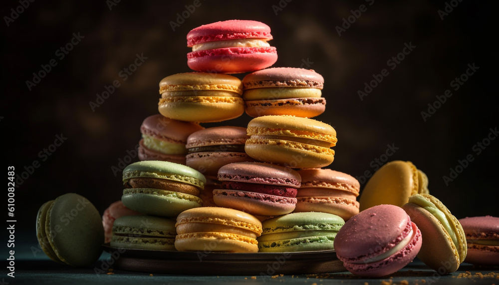 A colorful stack of French macaroons, a gourmet dessert indulgence generated by AI