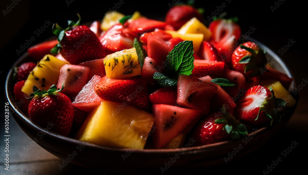 Fresh summer salad with ripe berry fruits on rustic wooden table generated by AI