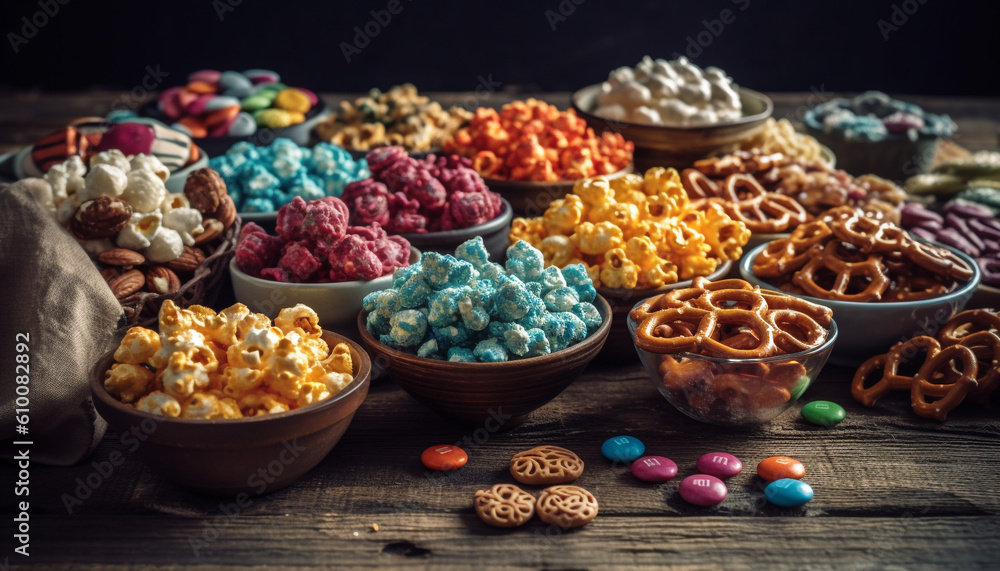 Rustic homemade snack basket with a variety of crunchy treats generated by AI