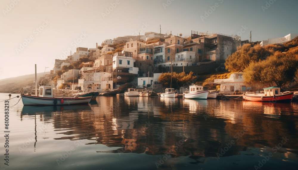 Sailing ship moored at tranquil fishing village waterfront in Africa generated by AI