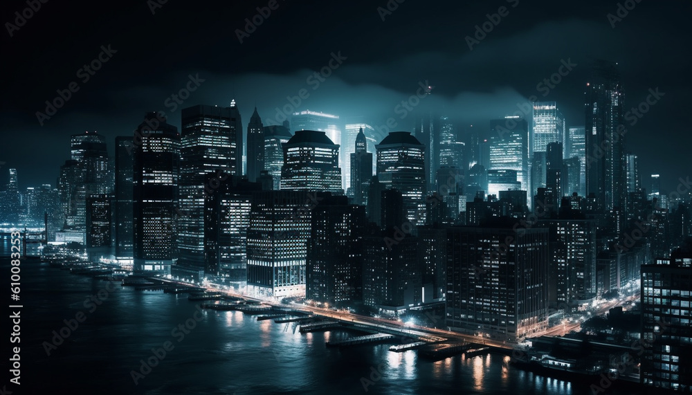 Illuminated skyscrapers reflect on the waterfront in a futuristic cityscape generated by AI