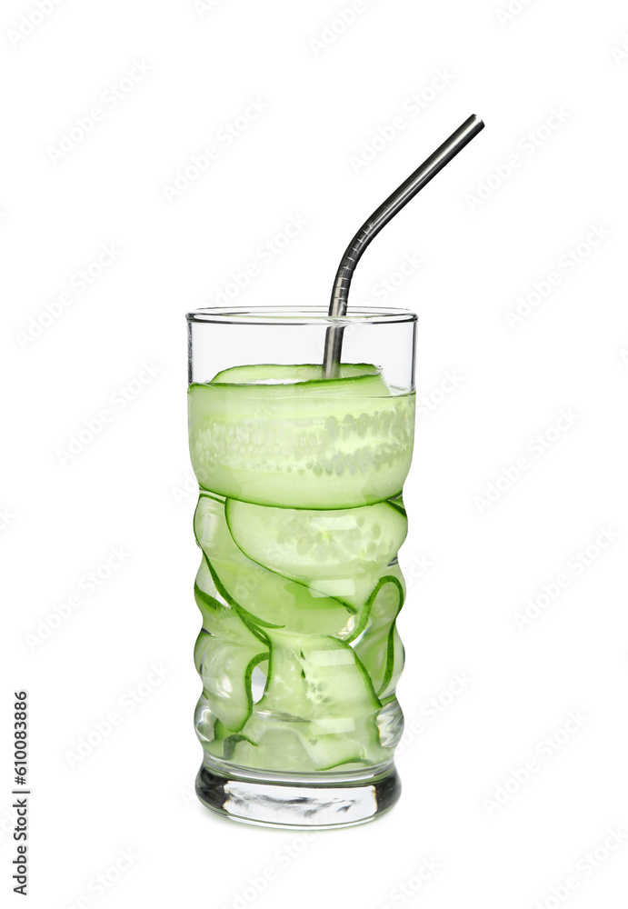 Glass of infused water with cucumber slices on white background