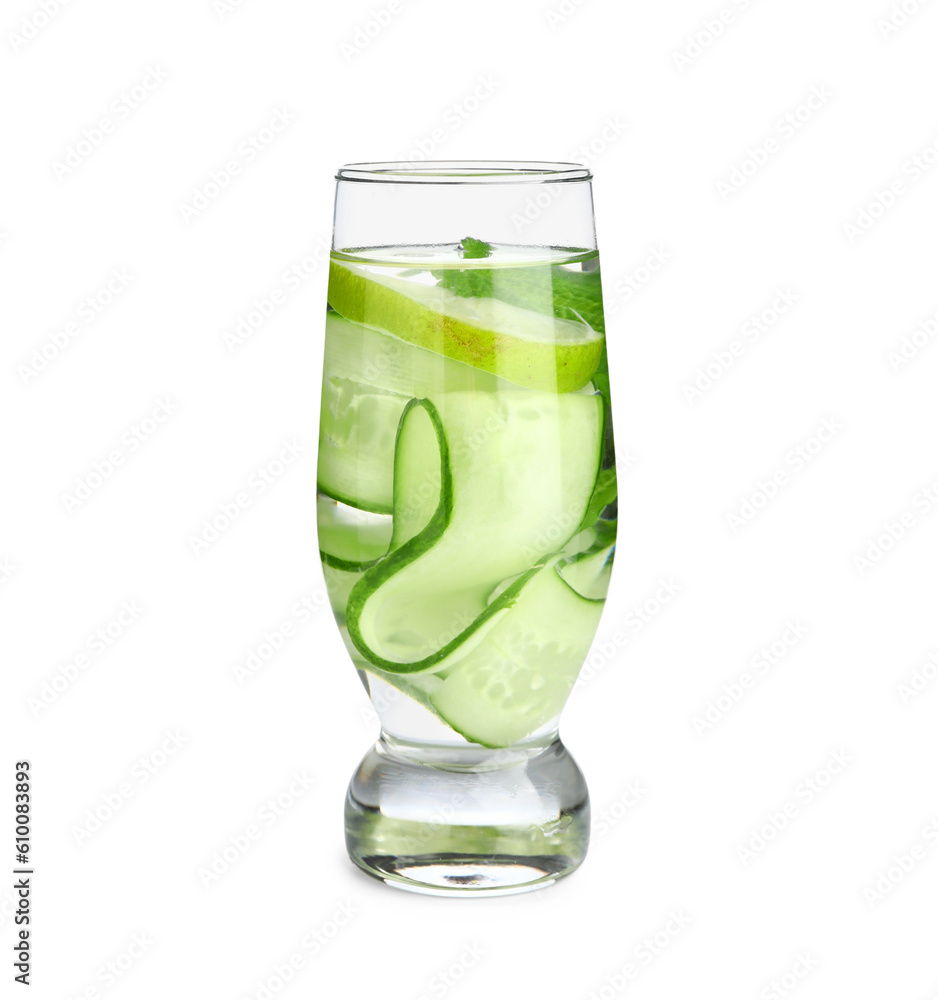 Glass of infused water with cucumber slices on white background