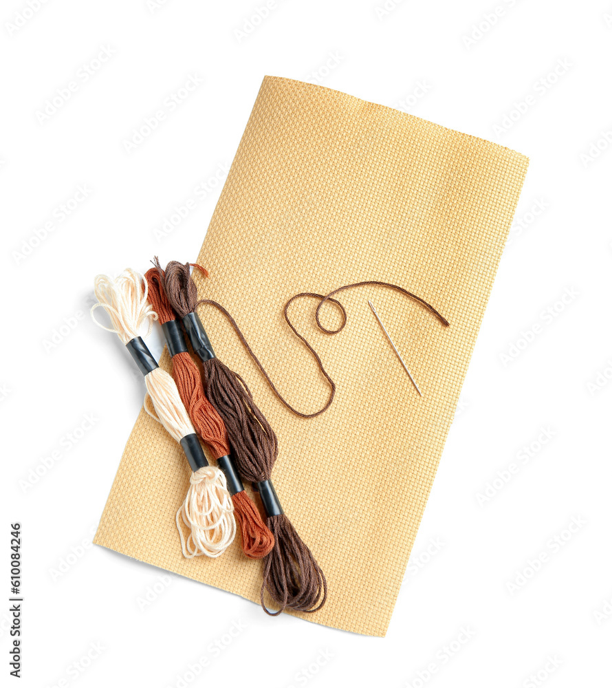 Canvas for sewing with moulin threads and needle isolated on white background