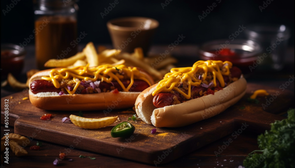 Grilled beef hot dog with ketchup, onion, and French fries generated by AI