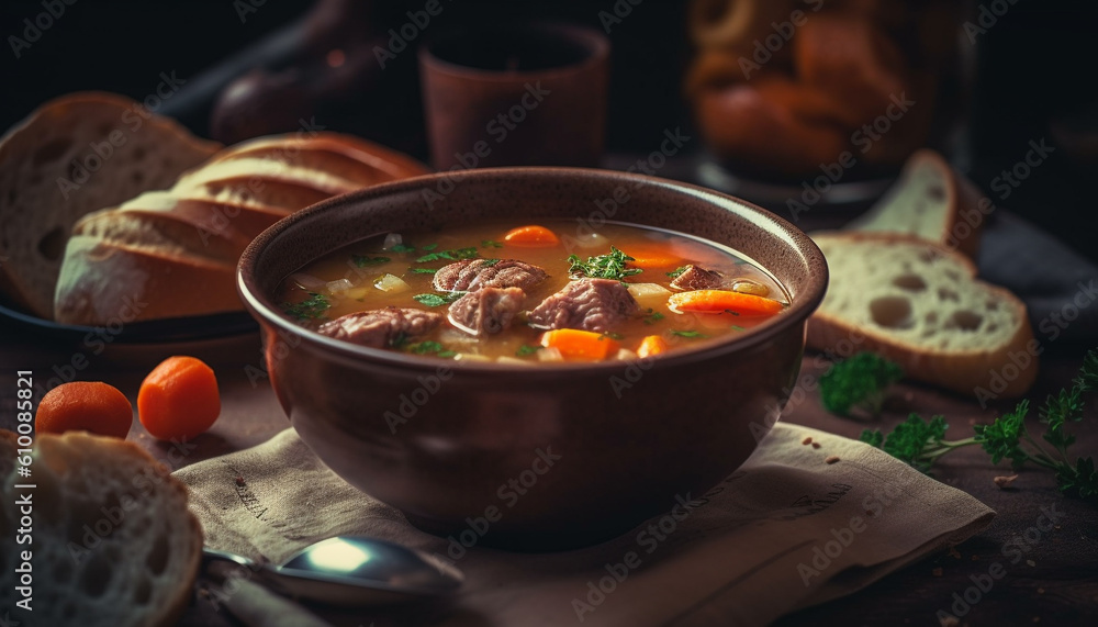 Homemade rustic beef stew with fresh vegetables on wooden table generated by AI