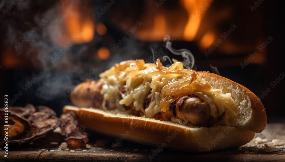 Grilled meat on bun with vegetables and sauce, ready to eat generated by AI