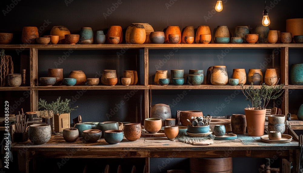 Earthenware pottery collection on wooden shelf in old fashioned workshop generated by AI