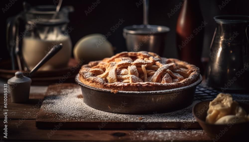 Rustic homemade apple pie, sweet and fresh, on wood plate generated by AI