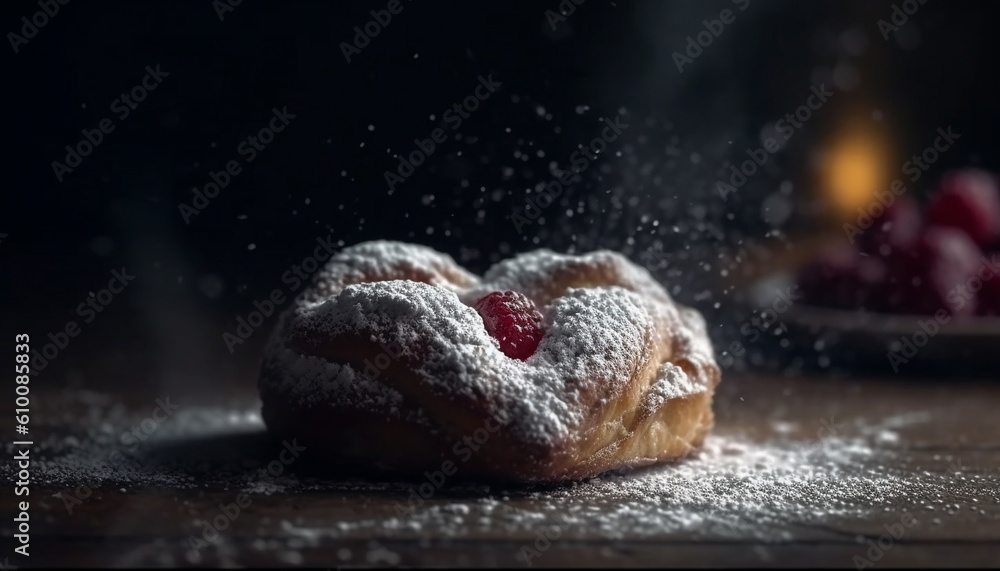 Homemade heart shaped shortbread cookie with raspberry decoration on rustic wood generated by AI