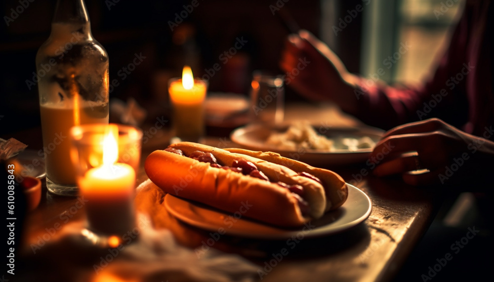 Grilled meat on plate, bread and French fries for meal generated by AI