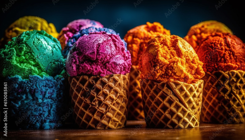 Multi colored ice cream cones with gourmet chocolate and fruity variations generated by AI