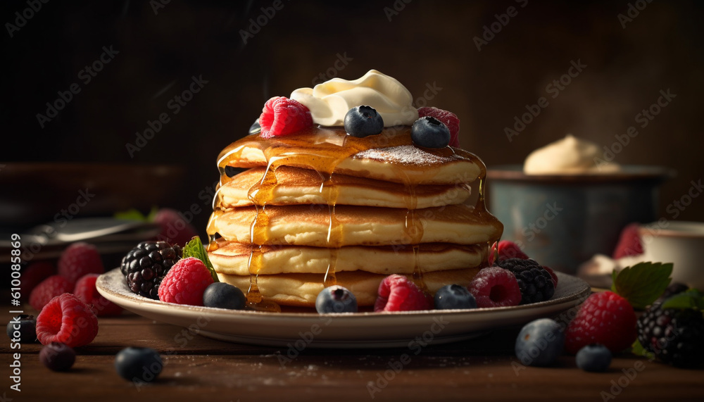 Healthy homemade berry pancakes with sweet syrup and fresh blueberries generated by AI