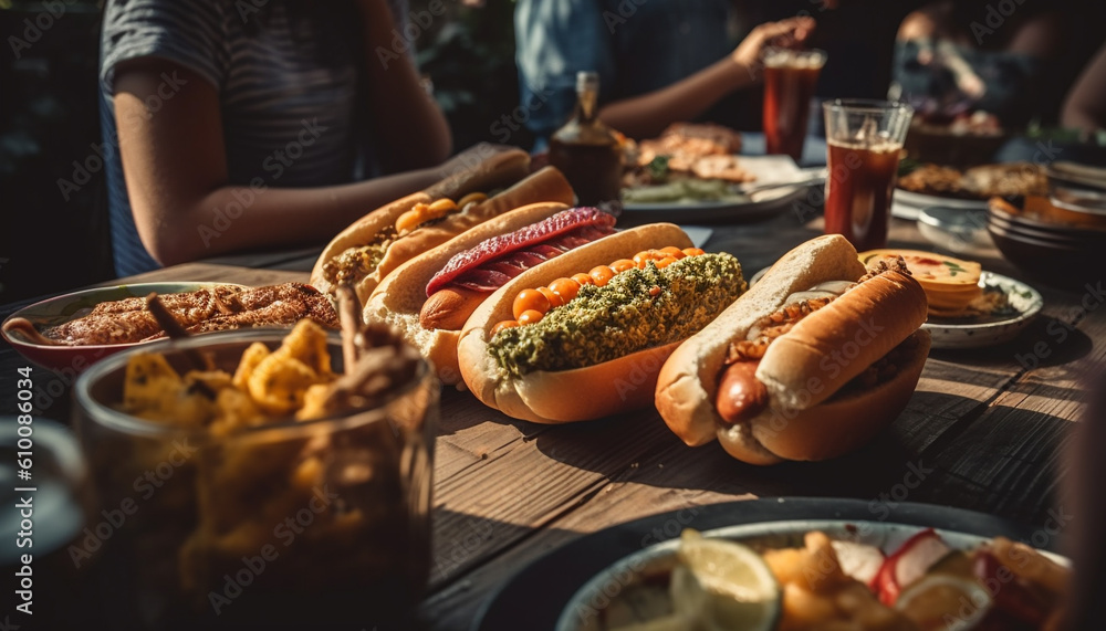 Grilled hot dog meal, beef and pork on picnic table generated by AI